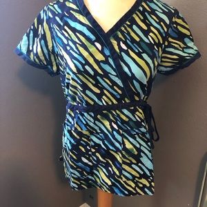 Koi Scrub Top faux wrap style - Blue and Green pattern